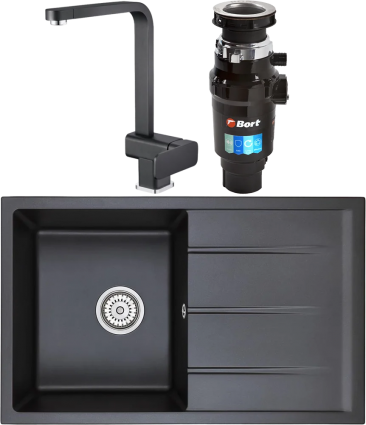 Комплект Мойка кухонная Emar Quartz + Смеситель 3014.12 Оникс + Измельчитель Bort Master Eco
