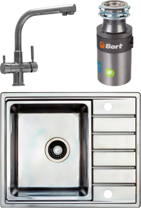 Комплект Мойка кухонная Seaman Eco Roma SMR-6150A с клапан-автоматом + Смеситель Barcelone SSL-5383 water polish + Измельчитель Bort Titan 4000 Control