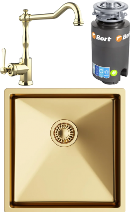 Комплект Мойка кухонная TopZero TNL ColorX 400 GOLD золото + Смеситель Rubato золото + Измельчитель Bort Titan 4000