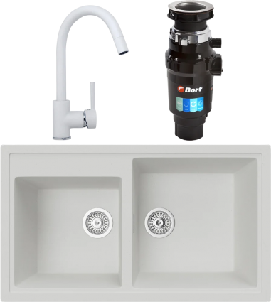 Комплект Мойка кухонная TopZero TopGran Demi 860.500 20-07 ice 07 + Смеситель Romeo ice 07 + Измельчитель Bort Master Eco