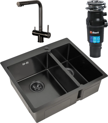 Комплект Мойка кухонная Zorg Inox PVD 59-2-51-L GRAFIT L, графит + Смеситель Inox SZR-7039 GRAFIT графит + Измельчитель Bort Titan 7000