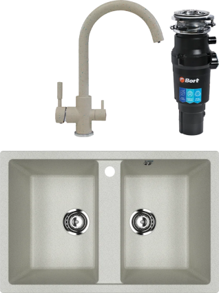 Комплект Мойка кухонная Ulgran U-608 -310 серая + Смеситель Polygran Элара Дуо 627659 серый + Измельчитель Bort Titan 7000