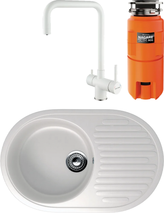 Комплект Мойка кухонная Ulgran U-107 -331 белая + Смеситель Paulmark Wetter We213030-431 белый матовый + Измельчитель Omoikiri Nagare slim 900
