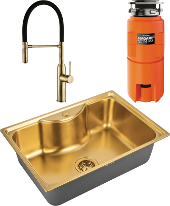 Комплект Мойка кухонная Zorg Inox PVD SZR 6545 BRONZE бронза + Смеситель Steel Hummer SH 2022 BRONZE бронза + Измельчитель Omoikiri Nagare slim 500