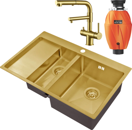 Комплект Мойка кухонная Zorg Inox PVD SZR 5178-2-R bronze + Смеситель Sanitary SZR-3216 Bronze бронза + Измельчитель Omoikiri Nagare 1000
