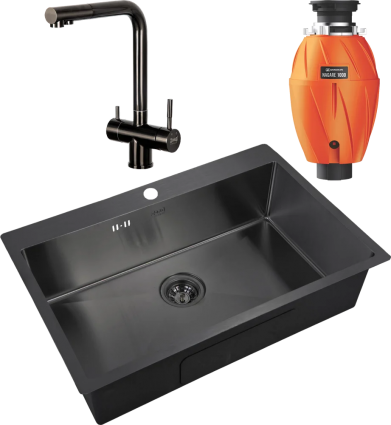 Комплект Мойка кухонная Zorg Inox PVD 7551 grafit + Смеситель Inox SZR-7039 GRAFIT графит + Измельчитель Omoikiri Nagare 1000