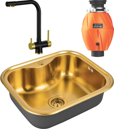 Комплект Мойка кухонная Zorg Inox PVD SZR 5848 BRONZE бронза + Смеситель Sanitary ZR 348 YF BLACK BRONZE + Измельчитель Omoikiri Nagare 500