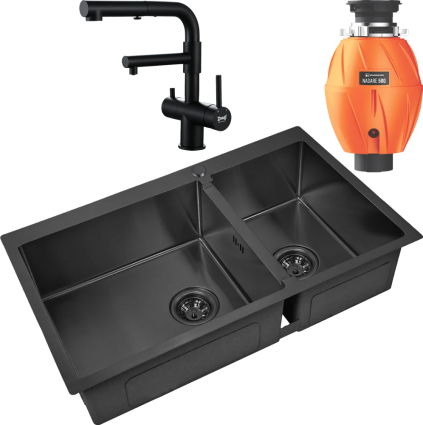 Комплект Мойка кухонная Zorg Inox PVD 78-2-51 L grafit + Смеситель Sanitary SZR-3216 Grafit графит + Измельчитель Omoikiri Nagare 500