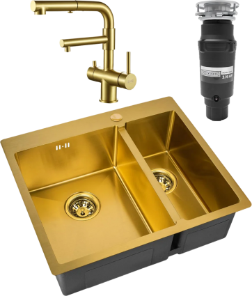 Комплект Мойка кухонная Zorg Inox PVD SZR-59-2-51-L BRONZE L, бронза + Смеситель Sanitary SZR-3216 Bronze бронза + Измельчитель Bone Crusher BC 910-SL-Slim Line