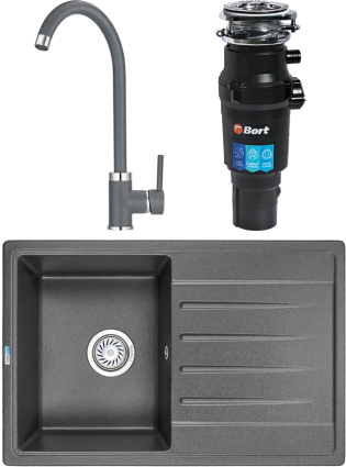 Комплект Мойка кухонная Granula Standart ST-7602 графит + Смеситель GR-2125 графит + Измельчитель Bort Titan 7000