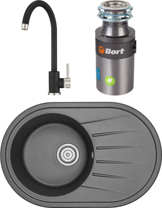 Комплект Мойка кухонная Granula Standart ST-7601 черная + Смеситель ST-4031 ST-4031 черный + Измельчитель Bort Titan 4000 Control