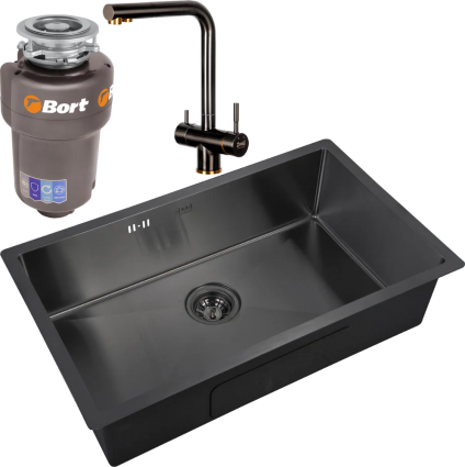 Комплект Мойка кухонная Zorg Inox PVD 7444 grafit + Смеситель Inox SZR-7039 BR/GRAFIT бронза графит + Измельчитель Bort Titan Max Power FullControl