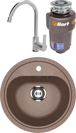 Комплект Мойка кухонная Ulgran U-700 -307 терракот + Смеситель MEGA City MG-ZRV102 хром + Измельчитель Bort Titan Max Power FullControl