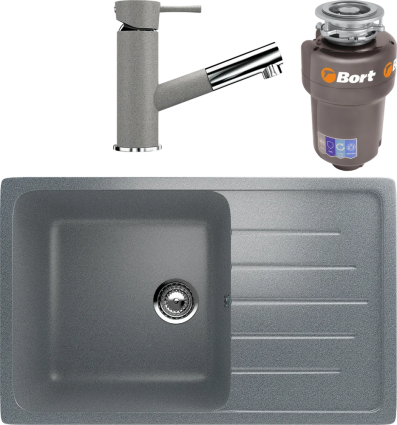 Комплект Мойка кухонная Ulgran U-400 -309 темно-серая + Смеситель U-009 -310 серый + Измельчитель Bort Titan Max Power FullControl
