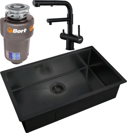 Комплект Мойка кухонная Zorg Light + Смеситель Sanitary SZR-3216 Grafit графит + Измельчитель Bort Titan Max Power