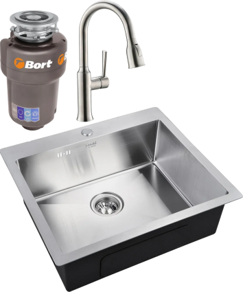 Комплект Мойка кухонная Zorg Inox R 5951 + Смеситель Domaci Равенна DCB 7011 сатин + Измельчитель Bort Titan Max Power