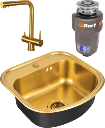 Комплект Мойка кухонная Zorg Inox PVD SZR 4749 BRONZE бронза + Смеситель Inox SZR-7039 BRONZE бронза + Измельчитель Bort Titan Max Power