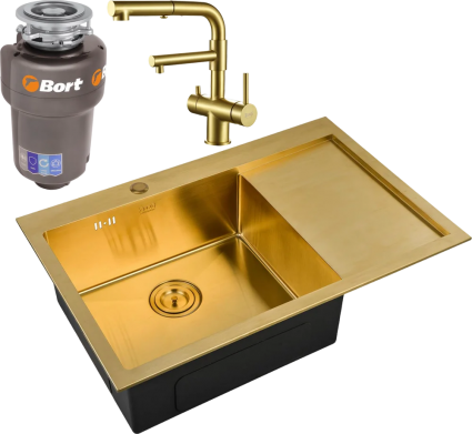 Комплект Мойка кухонная Zorg Inox Pvd SZR-7851-L Bronze + Смеситель Sanitary SZR-3216 Bronze бронза + Измельчитель Bort Titan 5000