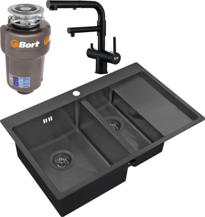 Комплект Мойка кухонная Zorg Inox PVD 5178-2-L grafit + Смеситель Sanitary SZR-3216 Grafit графит + Измельчитель Bort Titan 5000