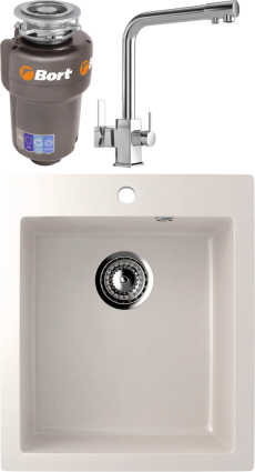 Комплект Мойка кухонная Ulgran U-404 -331 белая + Смеситель MEGA Life MG-TK06 хром + Измельчитель Bort Titan 5000