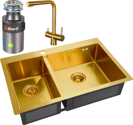 Комплект Мойка кухонная Zorg Inox PVD SZR-78-2-51 R bronze + Смеситель Inox SZR-7039 BRONZE бронза + Измельчитель Bort Titan 4000 Plus