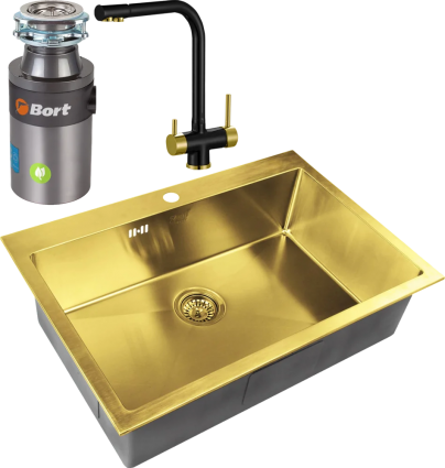 Комплект Мойка кухонная Zorg Inox PVD Inox Pvd SZR-7551 bronze + Смеситель Sanitary ZR 348 YF BLACK BRONZE + Измельчитель Bort Titan 4000 Plus