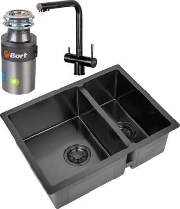 Комплект Мойка кухонная Zorg Light ZL R 590-2-510-L GRAFIT L, графит + Смеситель Sanitary SZR-3216 Grafit графит + Измельчитель Bort Titan 4000 Control