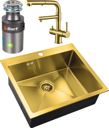 Комплект Мойка кухонная Zorg Inox PVD Inox Pvd SZR-5951 bronze + Смеситель Sanitary SZR-3216 Bronze бронза + Измельчитель Bort Titan 4000 Control