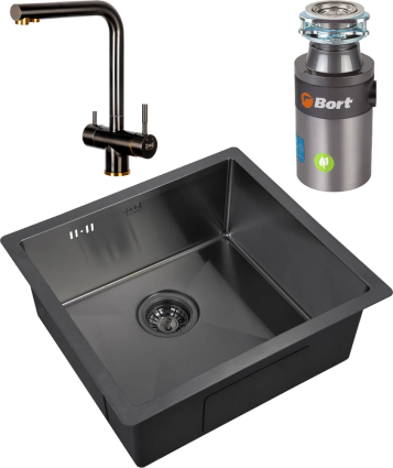 Комплект Мойка кухонная Zorg Inox PVD 4844 grafit + Смеситель Inox SZR-7039 BR/GRAFIT бронза графит + Измельчитель Bort Titan 4000 Control