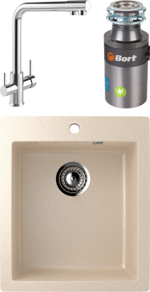 Комплект Мойка кухонная Ulgran U-404 -328 бежевая + Смеситель MEGA Life MG-TK05 хром + Измельчитель Bort Titan 4000 Control
