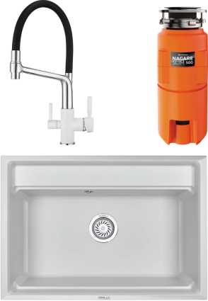 Комплект Мойка кухонная Granula Kitchen Space + Смеситель GR-0083 GR-0083 арктик с гибким изливом + Измельчитель Omoikiri Nagare slim 500