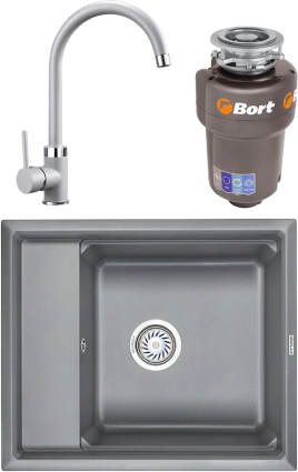 Комплект Мойка кухонная Granula Kitchen Space + Смеситель GR-2125 алюминиум + Измельчитель Bort Titan Max Power FullControl