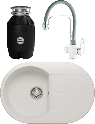 Комплект Мойка кухонная Polygran Atol 679030 белый хлопок + Смеситель Haiba HB76615 белый + Измельчитель Bone Crusher BC 810-AS