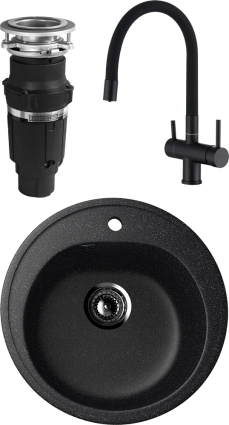 Комплект Мойка кухонная Ulgran U-101 -308 черная + Смеситель Domaci Равенна DCB 3015 черный, с гибким изливом + Измельчитель Bone Crusher BC 610-AS