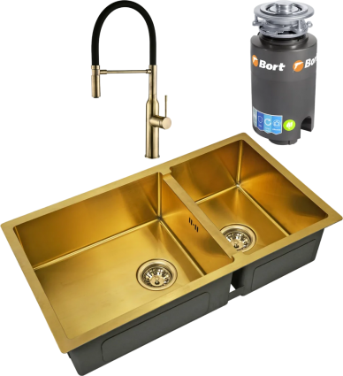 Комплект Мойка кухонная Zorg Inox PVD SZR-78-2-44 bronze + Смеситель Steel Hummer SH 2022 BRONZE бронза + Измельчитель Bort Titan 4000