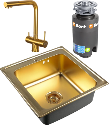 Комплект Мойка кухонная Zorg Inox PVD Inox Pvd SZR-5050 bronze + Смеситель Inox SZR-7039 BRONZE бронза + Измельчитель Bort Titan 4000
