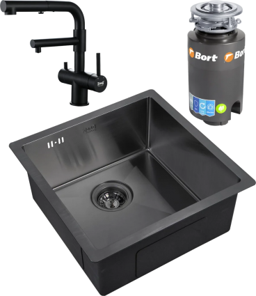 Комплект Мойка кухонная Zorg Inox PVD 4444 grafit + Смеситель Sanitary SZR-3216 Grafit графит + Измельчитель Bort Titan 4000