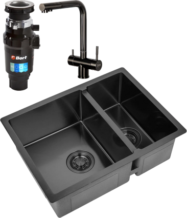Комплект Мойка кухонная Zorg Light ZL R 580-2-440 GRAFIT графит + Смеситель Inox SZR-7039 GRAFIT графит + Измельчитель Bort Master Eco