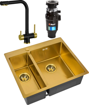 Комплект Мойка кухонная Zorg Inox PVD SZR-59-2-51-R BRONZE R, бронза + Смеситель Sanitary ZR 348 YF BLACK BRONZE + Измельчитель Bort Master Eco