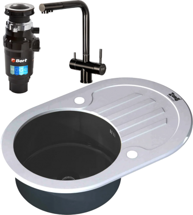 Комплект Мойка кухонная Zorg Glass GL-7851-OV-WHITE-GRAFIT графит + Смеситель Inox SZR-7039 GRAFIT графит + Измельчитель Bort Master Eco