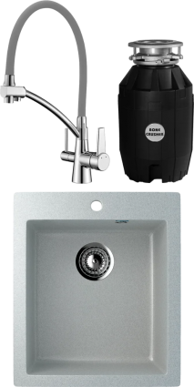 Комплект Мойка кухонная Ulgran U-404 -310 серая + Смеситель Lemark Comfort LM3071C-Gray с гибким изливом, хром, серый + Измельчитель Bone Crusher BC 810-AS