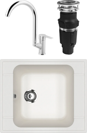 Комплект Мойка кухонная Ulgran U-604 -341 ультра-белая + Смеситель MEGA Snow MG-SH03 хром + Измельчитель Bone Crusher BC 610-AS