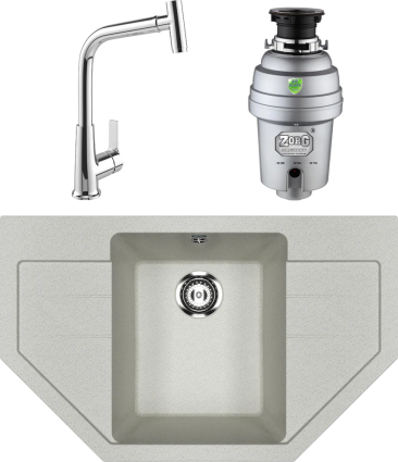 Комплект Мойка кухонная Ulgran U-609 -310 серая + Смеситель MEGA Life MG-TK09 хром + Измельчитель Zorg Inox D