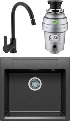 Комплект Мойка кухонная Polygran Argo 560 черная + Смеситель MEGA City MG-ZRV102-b черный + Измельчитель Zorg Inox D