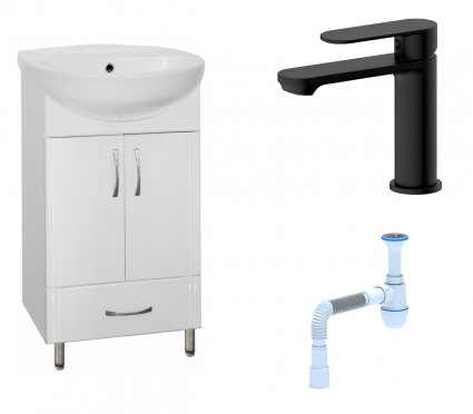 Комплект: Тумба с раковиной Style Line Эко Стандарт №9/1Б 50 + Смеситель Haiba HB10590-7 + Сифон АниПласт