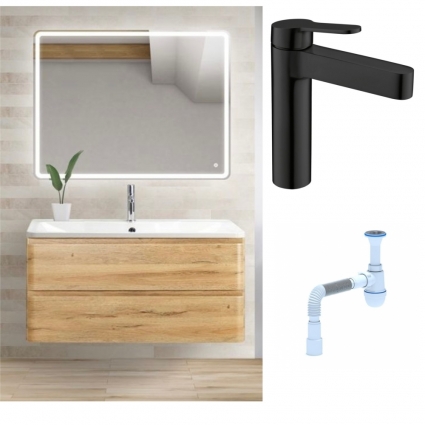 Комплект: Мебель для ванной BelBagno Albano 80 rovere rustico + Смеситель для раковины BelBagno Delta DEL-LVM-NERO черный + Сифон АниПласт