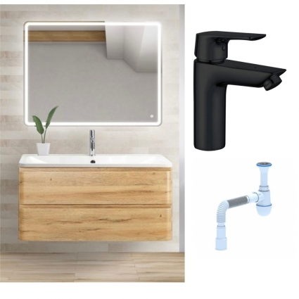 Комплект: Мебель для ванной BelBagno Albano 80 rovere rustico + Смеситель Aquanet Static AF330-10B для раковины, чёрный + Сифон АниПласт