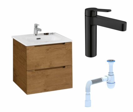 Комплект: Тумба с раковиной BelBagno Etna 39 50 rovere nature + Смеситель BelBagno Delta DEL-LVM-NERO черный + Сифон АниПласт