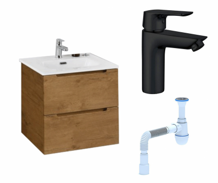 Комплект: Тумба с раковиной BelBagno Etna 39 50 rovere nature + Смеситель Aquanet Static AF330-10B черный + Сифон АниПласт