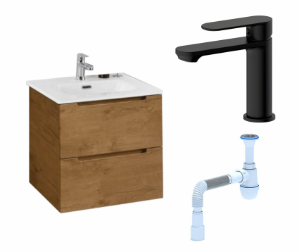 Комплект: Тумба с раковиной BelBagno Etna 39 50 rovere nature + Смеситель Haiba HB10590-7 черный + Сифон АниПласт